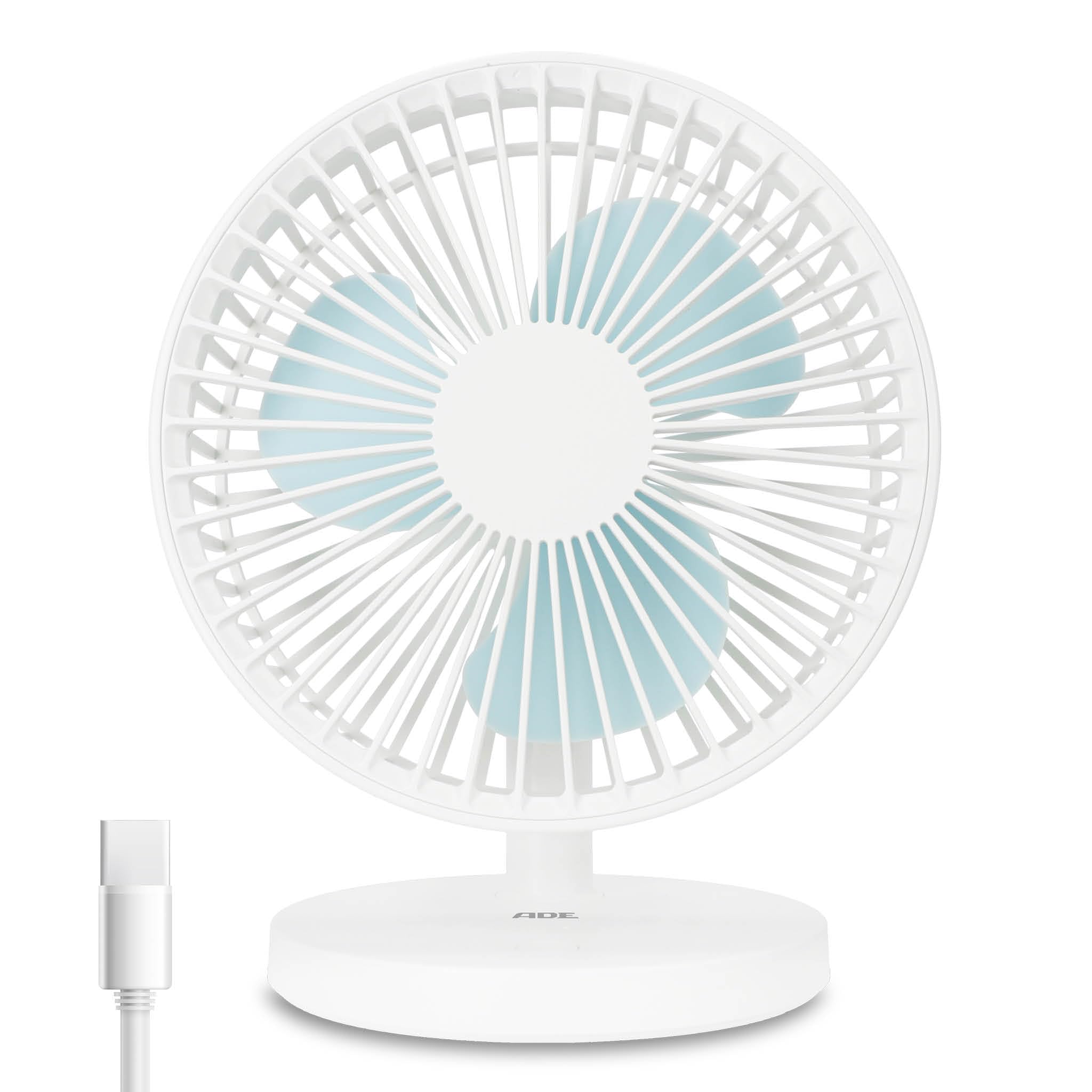 ADE Tischventilator USB 3 Stufen Akku 7,5 h 2000 mAh 90° Neigung weiß