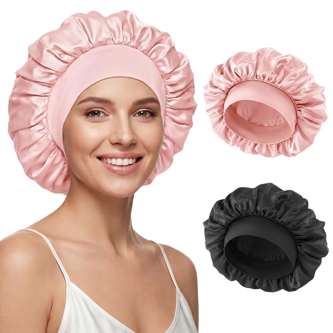 Satin-Seidenhaube zum Schlafen für Damen, Haarhaube zum Schlafen mit Gummiband, große Seidenhauben für Männer und Frauen, lockige Haarzöpfe (schwarz + rosa), 2 Stück