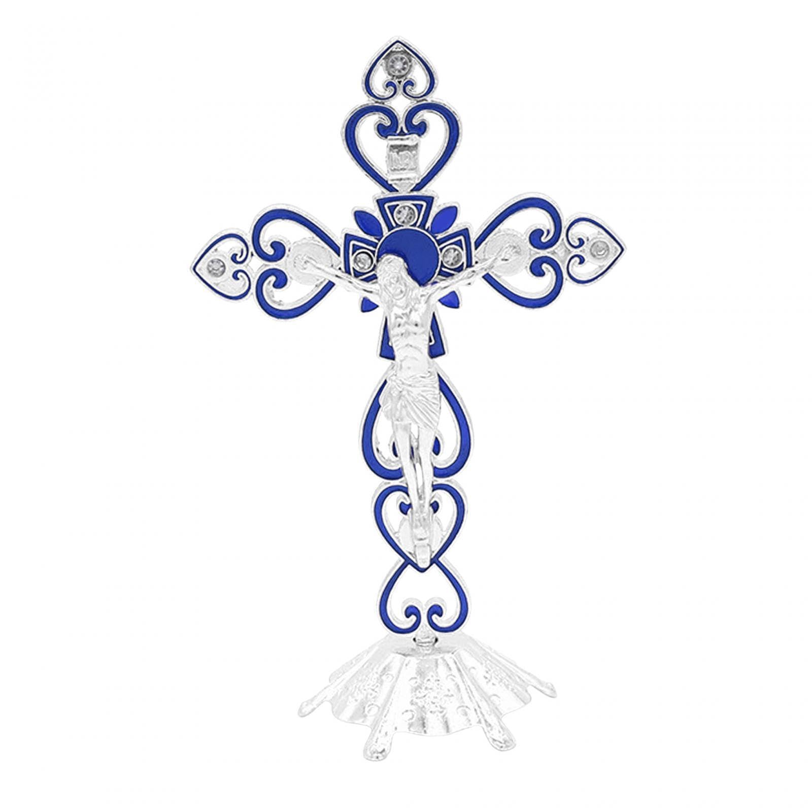 QIXCXAZ Religious Decorations Vintage Metal Standing Cross Prayer Crosses Exceptional Memorabilia For Religious Homes Standing Crucifix Base Catholic Jesus, Blue, 20x12.5cm