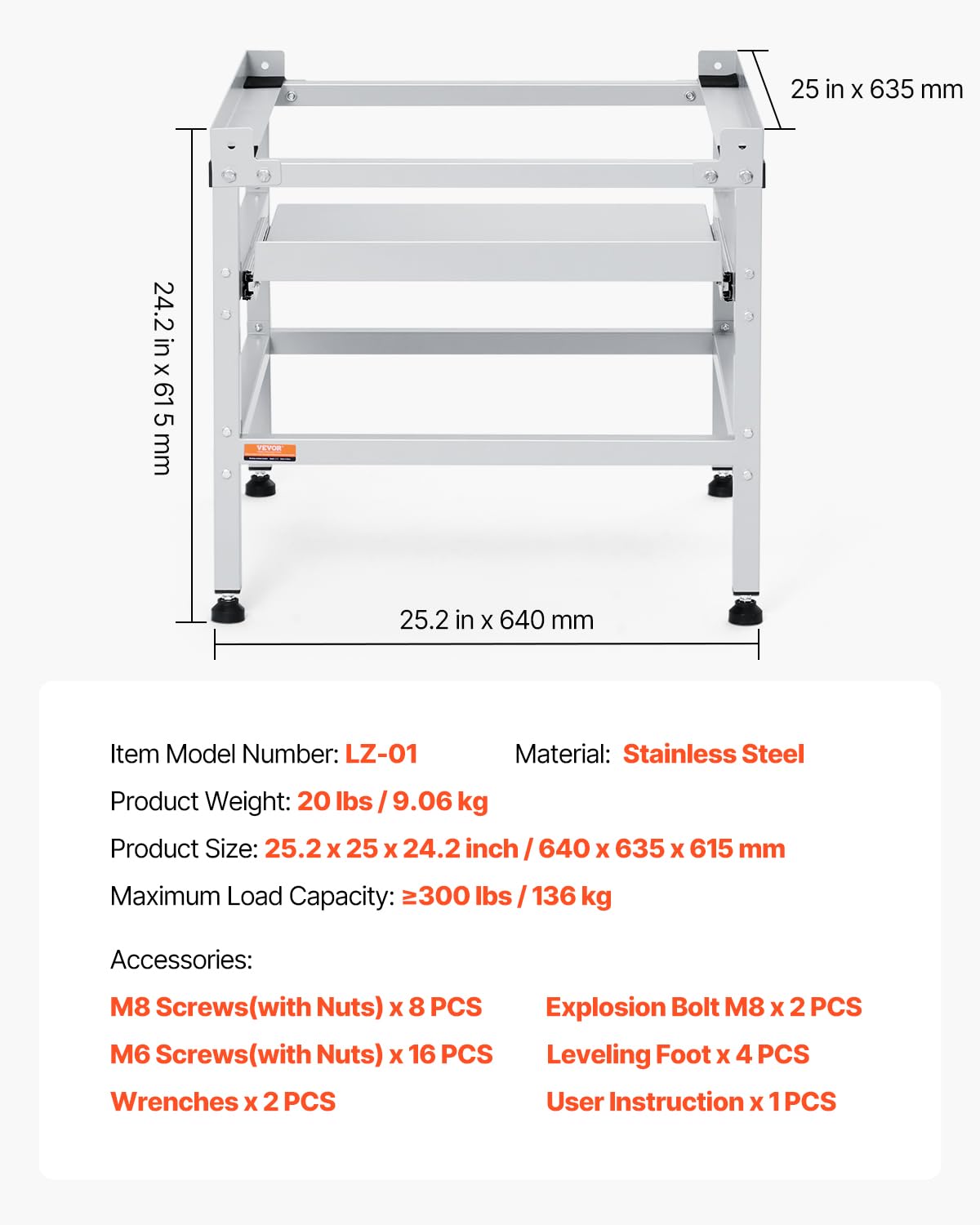 VEVOR Soporte para lavadora de 640 x 635 mm Pedestal para Lavadora de Acero al Carbono Capacidad de Carga de 136 kg Base de Pedestal para Lavadora y Secadora con Bandeja para Levantar Lavadoras