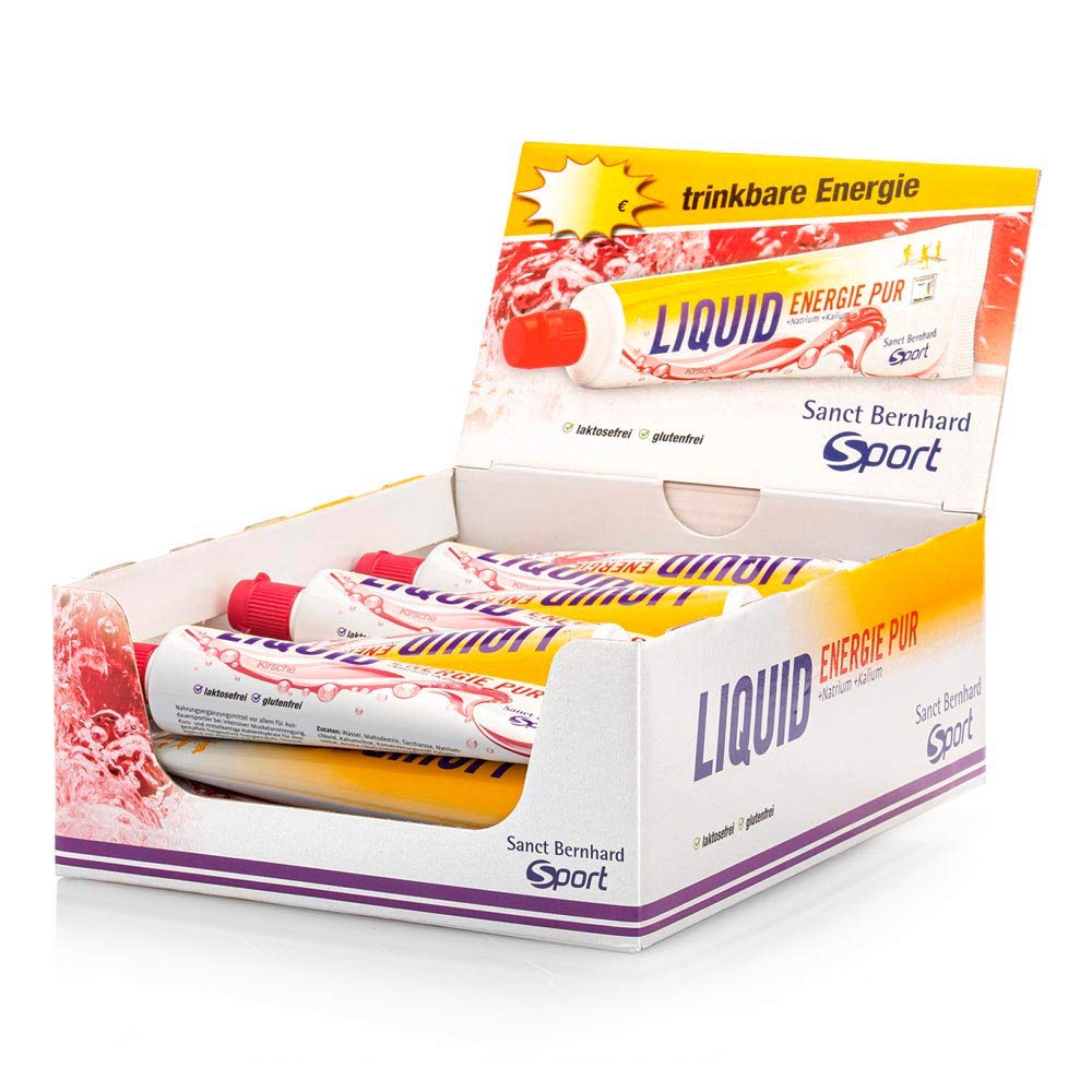 Sanct Bernhard Sport Liquid Energie Pur | 18 Tuben | Kohlehydratreiches Energie-Gel | Geschmack Kirsche | Laktosefrei, glutenfrei und vegan | Deutsche Produktion & laborgeprüft