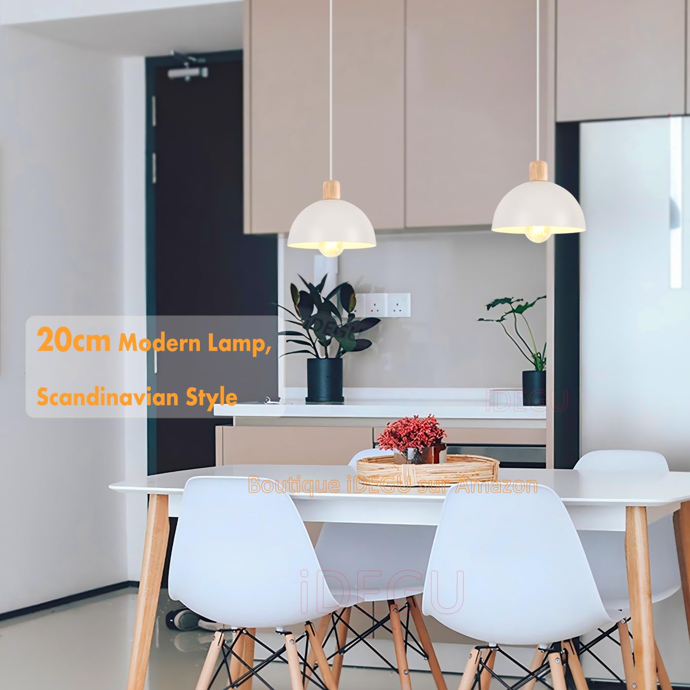 iDEGU Ø20cm Hängelampe Retro E27 LED Hängeleuchte Moderne Skandinavisch Deckenleuchte aus Metall Holz Pendelleuchte für Schlafzimmer Esszimmer Küche Restaurant (Weiß, 1 Stück)