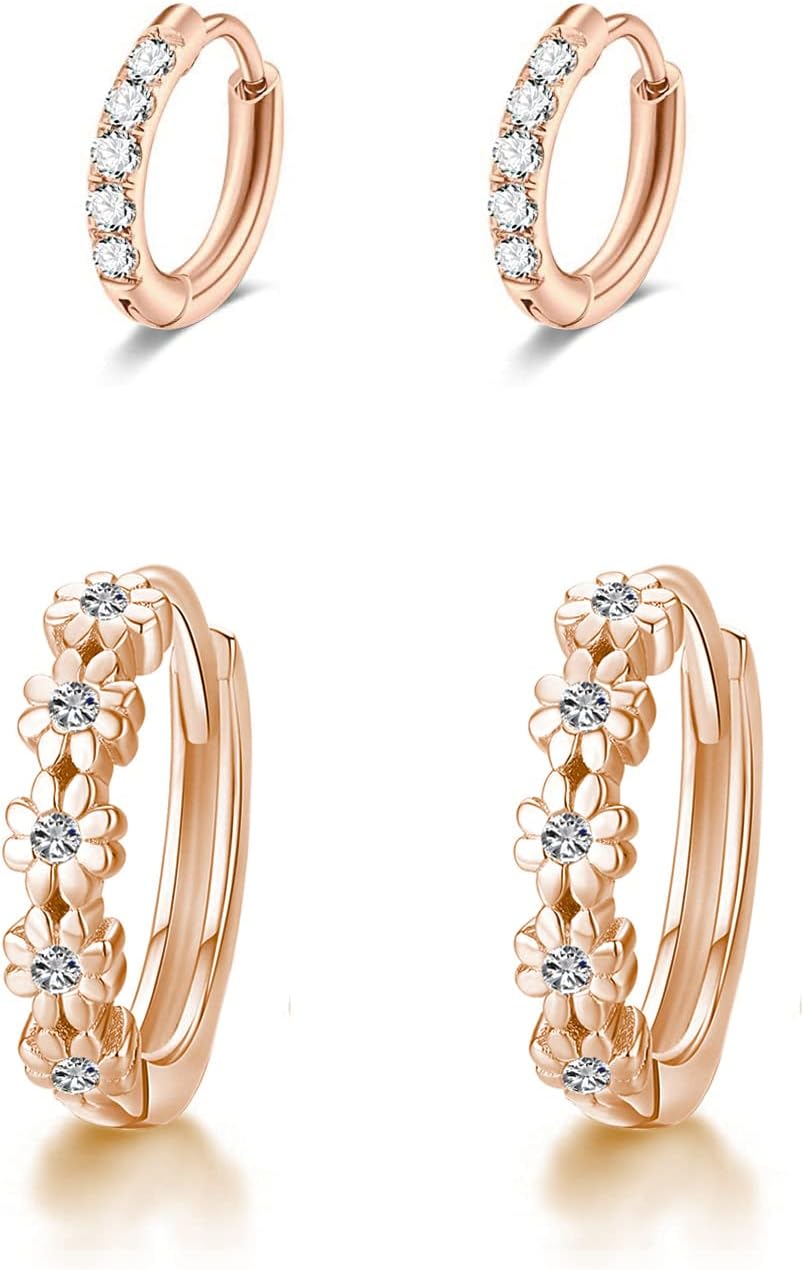 CiNily Small Hoop Earrings for Women Girls Flower Cubic Zirconia Huggie Earrings Hypoallergenic 14K Yellow Gold Plated Cartilage Earrings