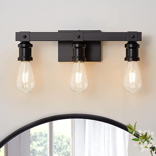 Lámparas de tocador de baño de estilo rústico con 3 luces sobre el espejo, negro mate, lámpara industrial vintage para pared, para baño, sala de