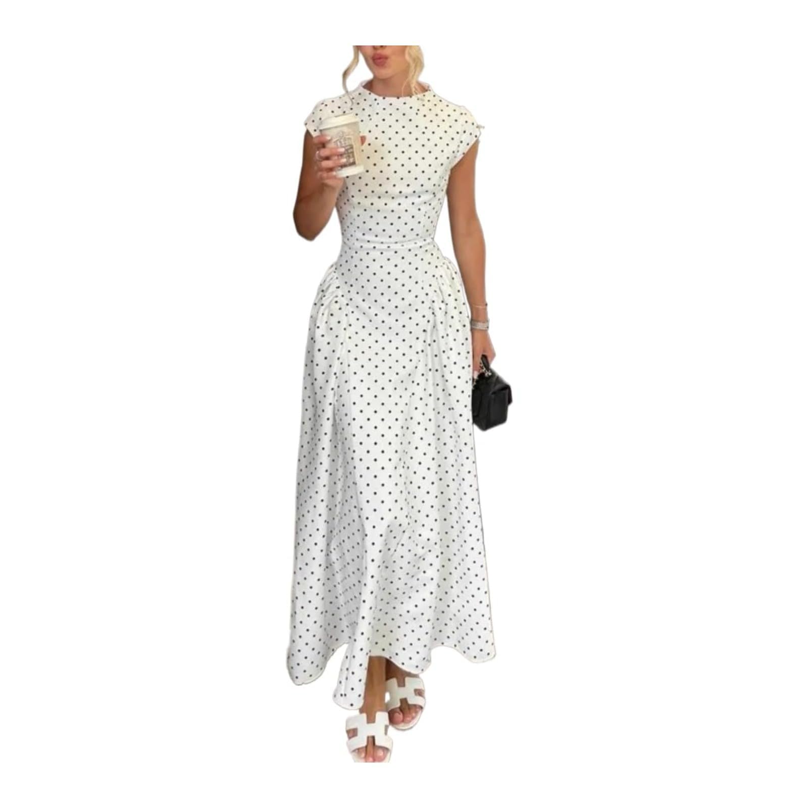 Générique Robe midi Blanche à Pois, col Montant et Manches Courtes, Coupe trapèze Fluide et élégante, idéale pour Les Sorties Estivales.