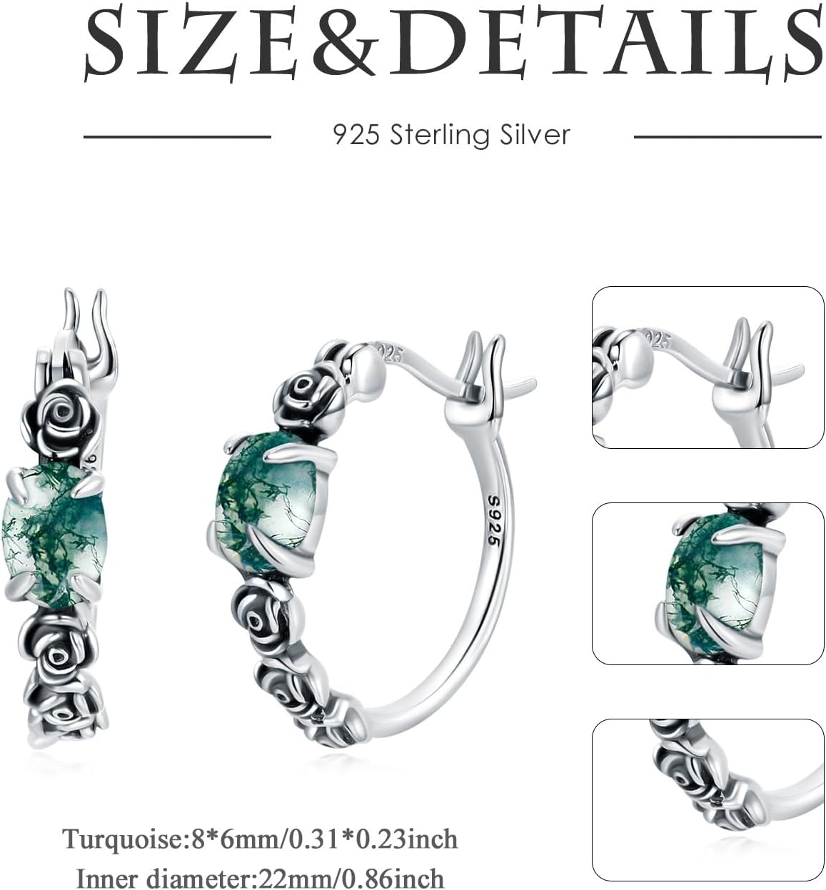 Vintage Daisy/Rose/Butterfly with Natural Moss Agate Hoop Earrings 925 Sterling Silver Retro Moss Agate Hoop Earrings for Women Gifts