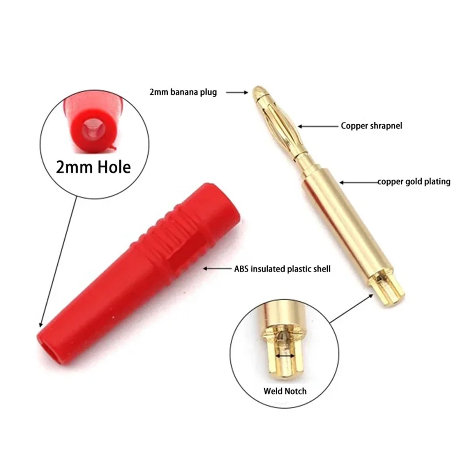 Lot de 4/10/20 fiches mâles plaquées or de 2 mm pour haut-parleur HiFi - Connecteur banane HCHDTDT (5 rouges, 5 noirs)
