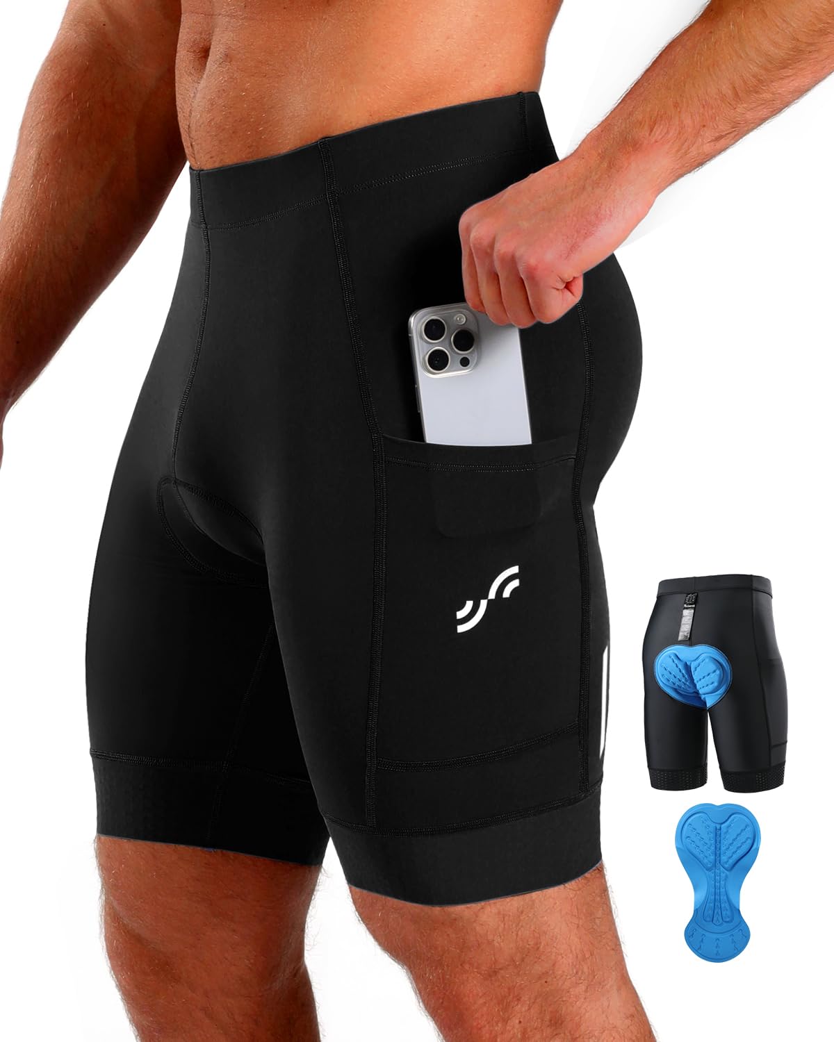 Sportneer Radlerhose Herren mit Sitzpolster 4D Gepolsterte Fahrradhose kurz Übergroße Netztasche Herren Fahrrad Hosen Radhose Design der abdominalen Dekompression