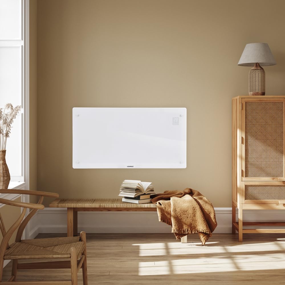 VONROC Convector eléctrico Smart 2500 W – Panel de cristal con pantalla LED – Control WiFi mediante App Tuya Smart Life – Termostato 5-50 °C – Temporizador – IP24 – Pared o suelo blanco