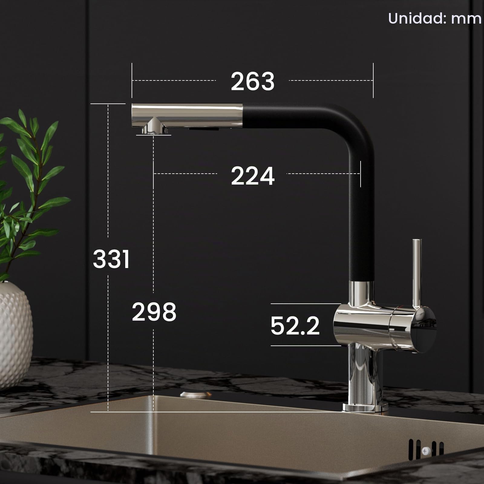 CECIPA Grifo Cocina, Grifo Cocina Fregadero Extraíble con dos Modos Chorro, Mezclador con Palanca única para Fregadero, Giratorio 360°, Aleación Zinc, Negro-Cromo