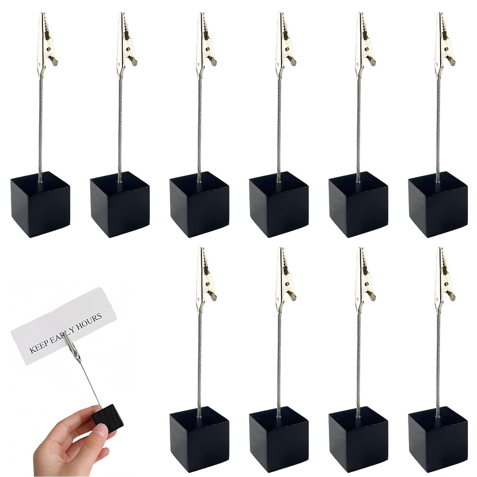 10 Piezas Soportes para Fotos con Pinzas, Soporte para Tarjetas de Asiento con Base de Madera Negra, Clip Madera Porta para Notas y Tarjetas, Portafotos Pinzas Decorativo Adecuado