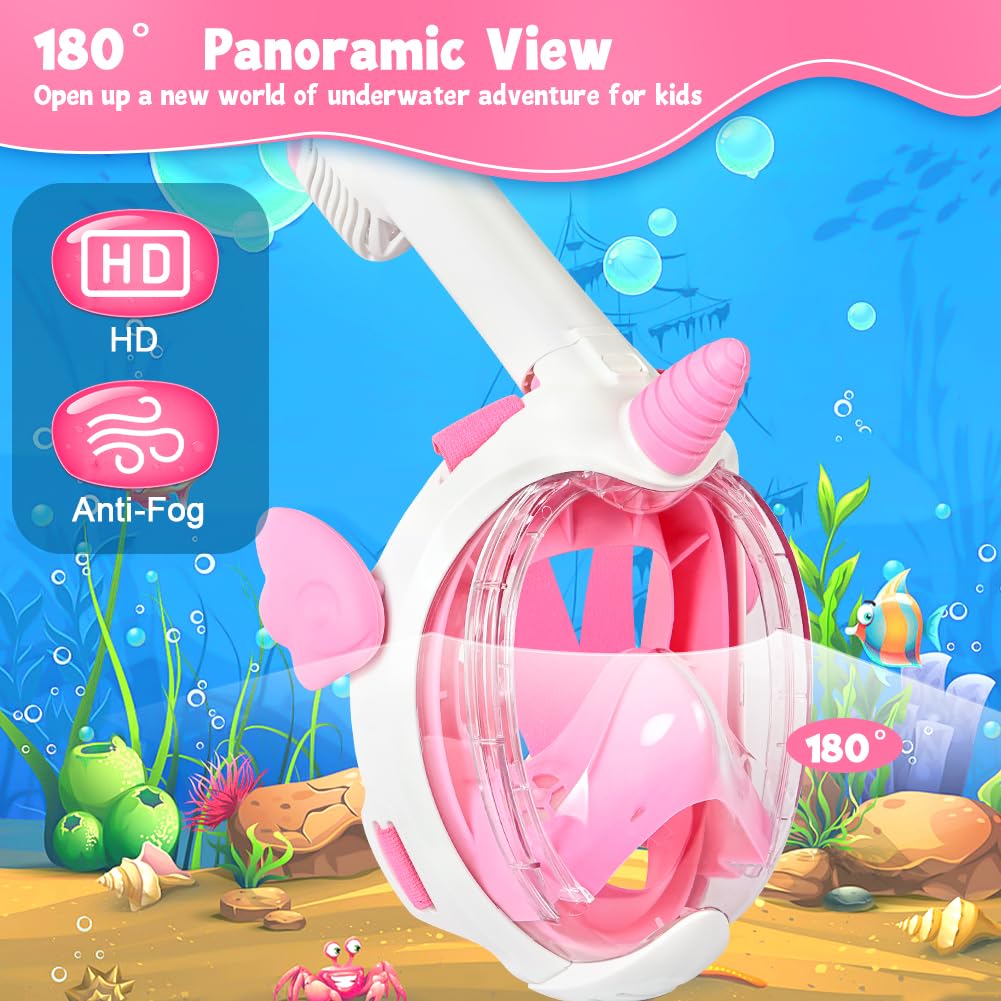 Schnorchelmaske für Kinder, 180° Panoramablick, Tauchermaske Vollgesichtsmaske, CO2-sichere Schnorchelmaske, Anti-Beschlag und Trockenoberteil Schnorchel Vollmaske für Kinder, Geschenk