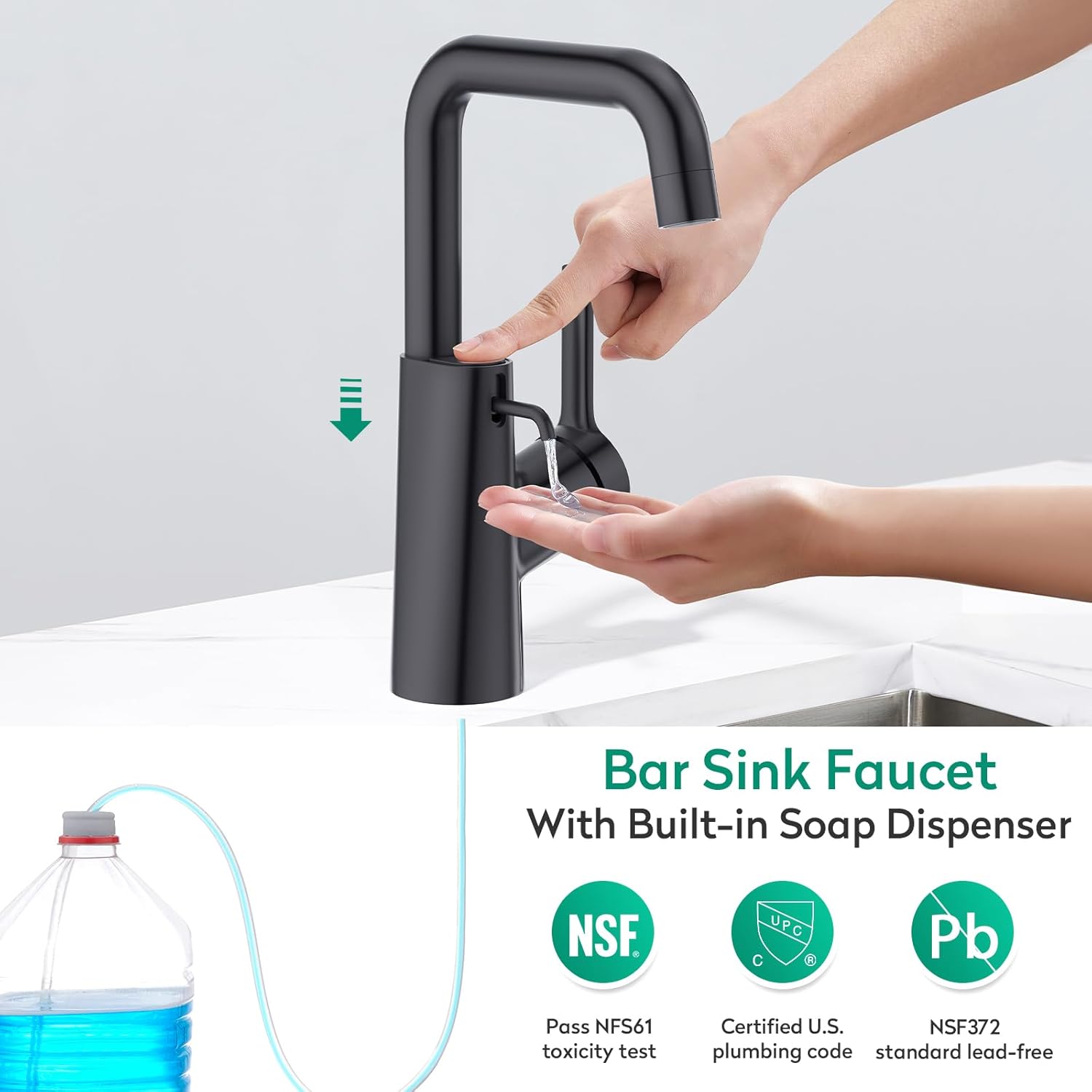 CREA Kitchen Faucets with Soap Dispenser,360° Swivel Straight Spout Black Bar Sink Faucet Single Hole 1 Handle Pre Wet Utility Faucet Laundry Room RV Bathroom Vanity Marine Stainless Steel