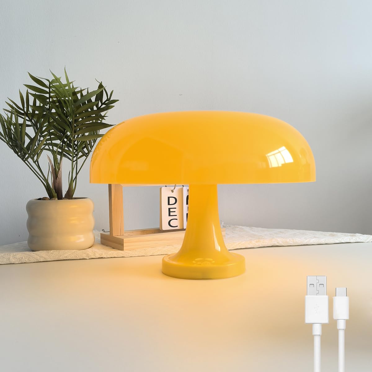 EOEO Table Lamp Cordless Rechargeable Lamp, Dimmable LED Touch Bedside Lamp, 3 Colors Battery Operated Mushroom Lights, Acrylic Lampshade, Wireless Desk Lamp for Living Room Bedroom,Yellow