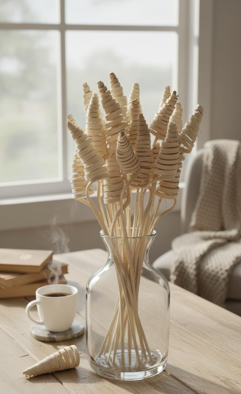 Decorative Dry Flower Cane Cones for Vase - Natural Twisted Rattan Sticks for Home Decor, Rustic and Elegant Floral Arrangement,Boho Home Decor (Set of 25 Stems) (Cane Wood Cone)-image-4