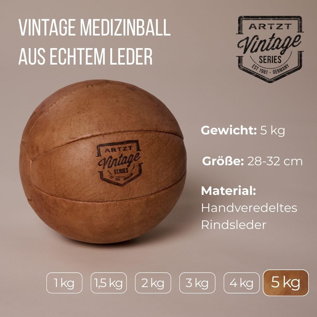 ARTZT Vintage Series Medizinball | Handveredeltes Rindsleder | Einzigartiges Design | Made in Germany | Robust & Langlebig | Ideal für Wohnzimmer & Trainingsraum (5 KG)