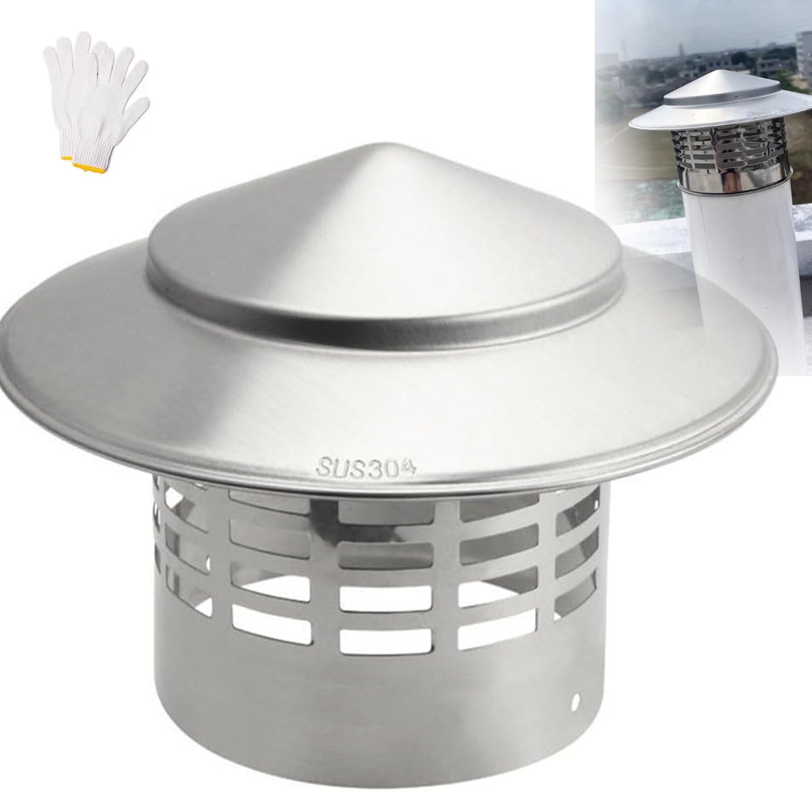 Cappello Camino, Cappa Comignolo Terminale Camino In Acciaio Inox, 75-300mm Cappucci Antipioggia per Tubi del Forno, Copertura del Tetto, per Tubo di Scarico Fumi(200mm(7.87inch))