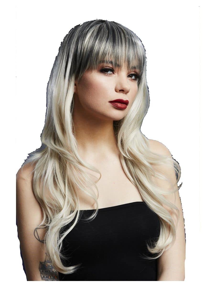 Smiffys Fever Sienna Wig, True Blend, Blonde Dark Roots, Long Feathered with Fringe, 66cm/ 26in, Fever Wigs Fancy Dress