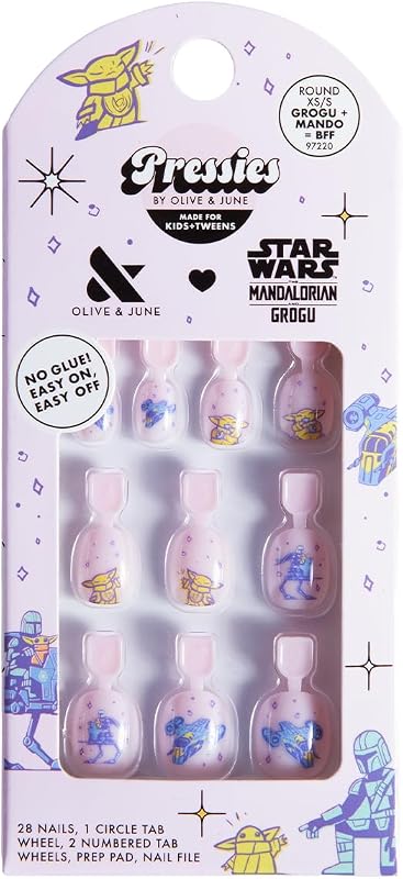 Olive & June Pressies Kids Press-On Nails, Star Wars Grogu + Mando = BFF | Kids press-on nails, no glue; 28 non-toxic tab nails in 14 sizes plus nail file; Star Wars The Mandalorian and Grogu