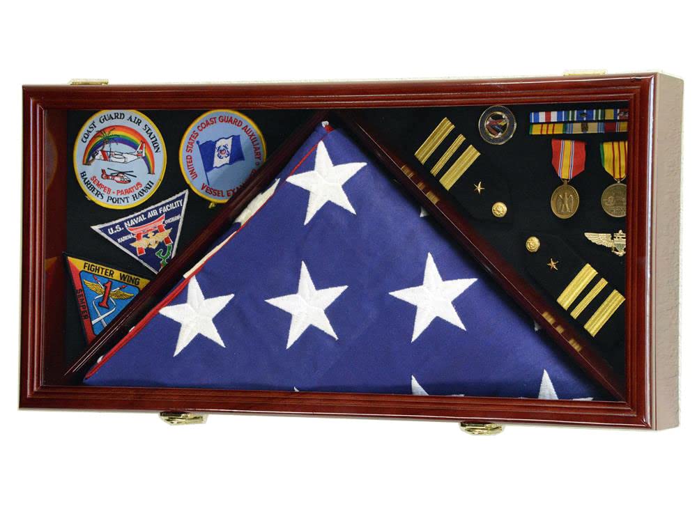 Large Flag & Medals Military Pins Patches Insignia Holds up to 5x9 Flag Display Case Frame Cabinet Shadowbox (Cherry Finish)