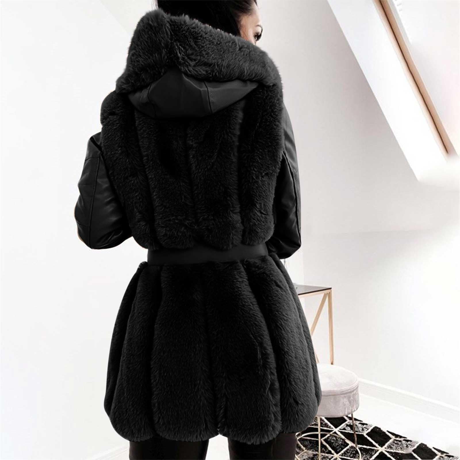 Pelzmantel Damen mit Kapuze Felljacke Warm Kunstfell Jacke Kunstpelz Mantel Winter Winterjacke Wintermantel Fleece Kuscheljacke Flauschig Strickjacke Kunstfellmantel Fellmantel Plüschjacke