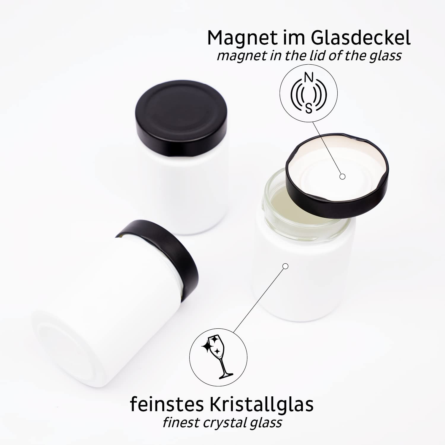 silwy® Juego de 6 vasos magnéticos CLASSY con imanes integrados y dos barras de metal en color blanco