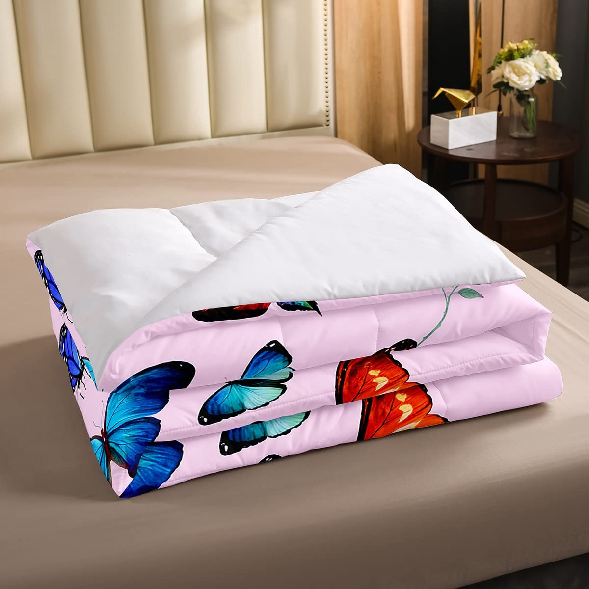 Juego de ropa de cama de mariposa para niños y niñas, edredón de plumón de mariposas, color rosa, diseño de flores de loto y flores, tamaño doble, 3 piezas