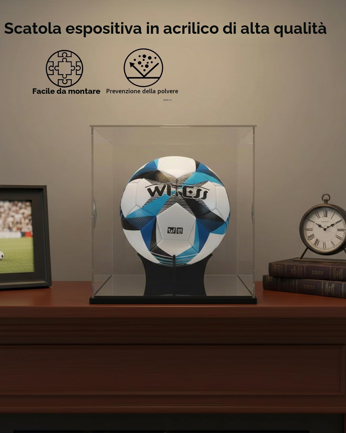 Espositore per palloni da calcio e pallavolo, a grandezza naturale in acrilico, trasparente per oggetti da collezione (25,4 x 25,4 x 25,9 cm)