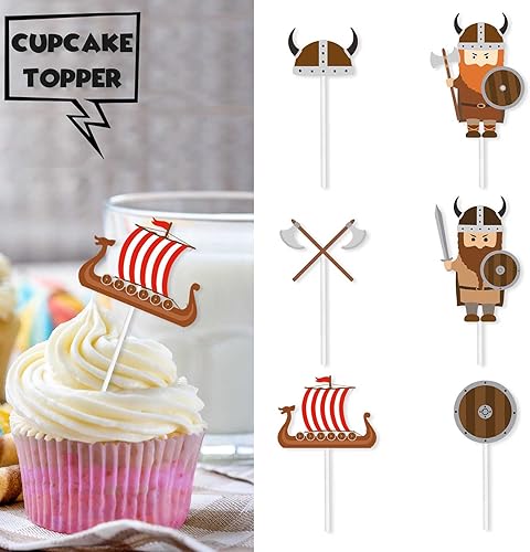 Miniatura 2 de 18 piezas de decoración de postre vikingo con purpurina marrón, casco de barco, tema de pirata bárbaro, suministros de decoración para baby shower,