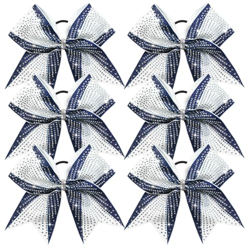 DEEKA 6PCS 8" Large Glitter Navy and White Cheer Bows with Full Shiny Rhinestones Stiff Cheer Hair Bows Elastic Band Ponytail Holder for Cheerleader Girls Sports-Navy/White