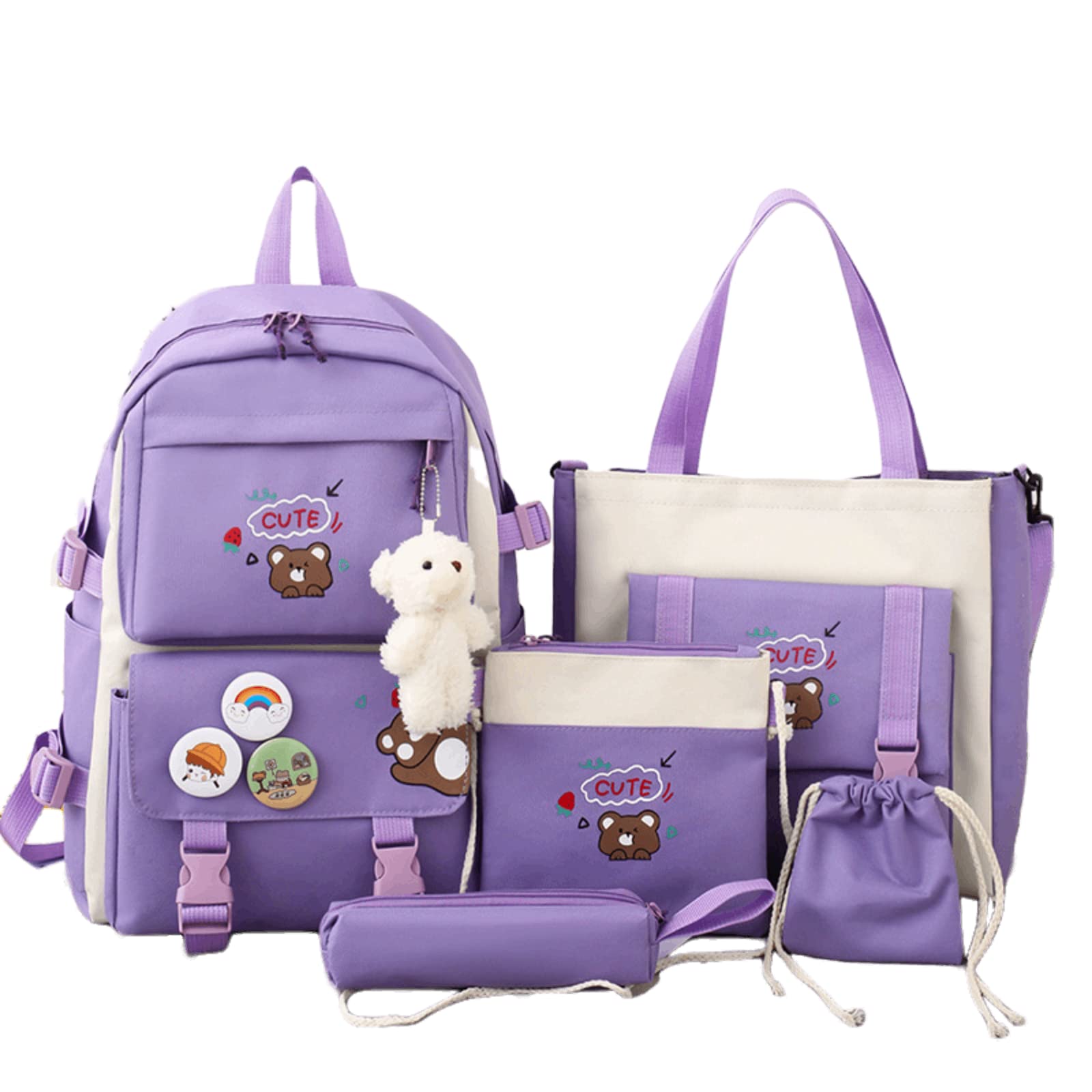 Aobiono 5Pcs Kawaii Backpack Set Aesthetic Cute Anime with Pins Bear Pendant Preppy Back to School Supplies Kit Lovely Pastel, Purple, Large, Classic