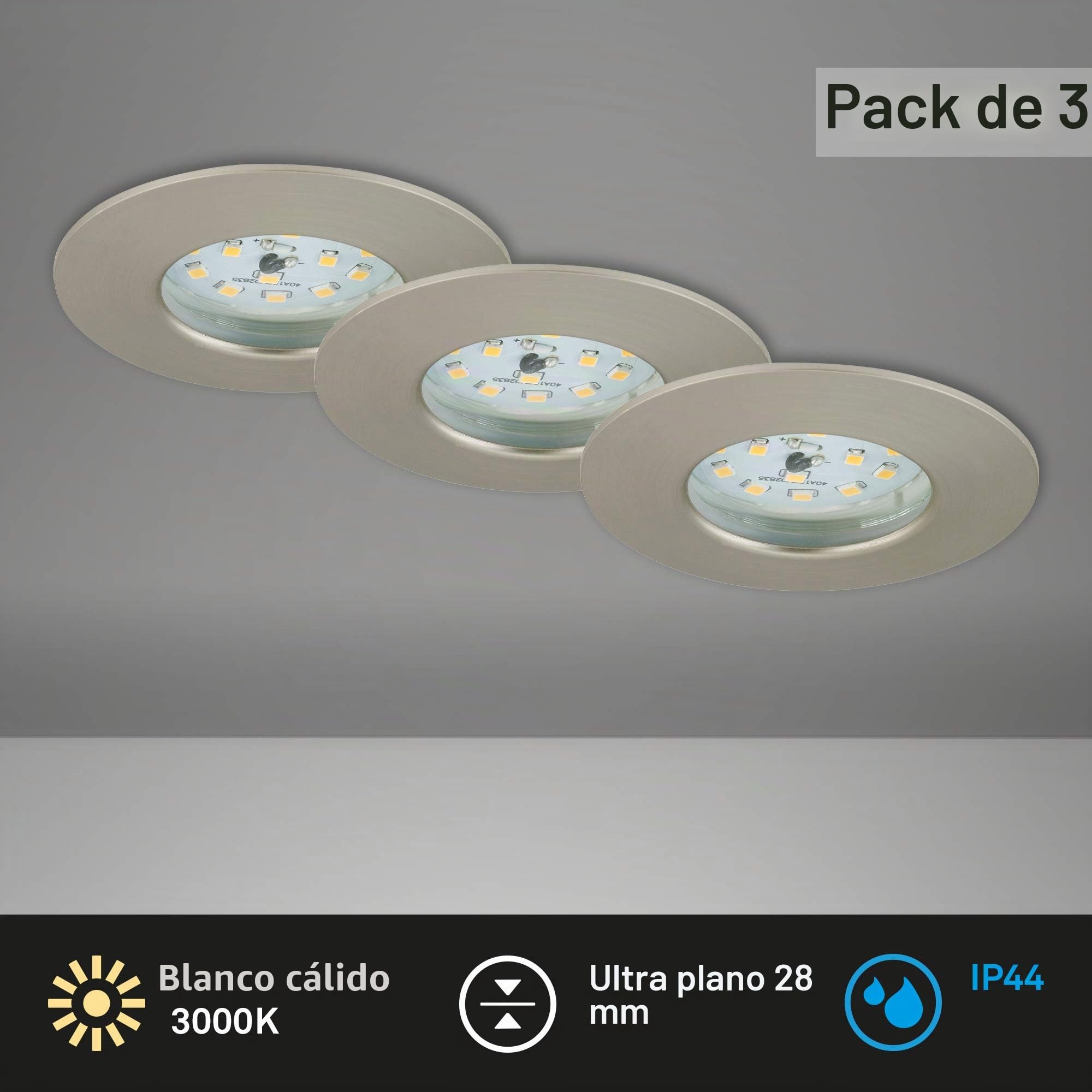 BRILONER Leuchten - Focos LED empotrables, Set de 3 lámparas de techo 5 vatios, 400 lúmenes, 3.000 Kelvin, IP44, Níquel mate, 75x28 mm cada unidad