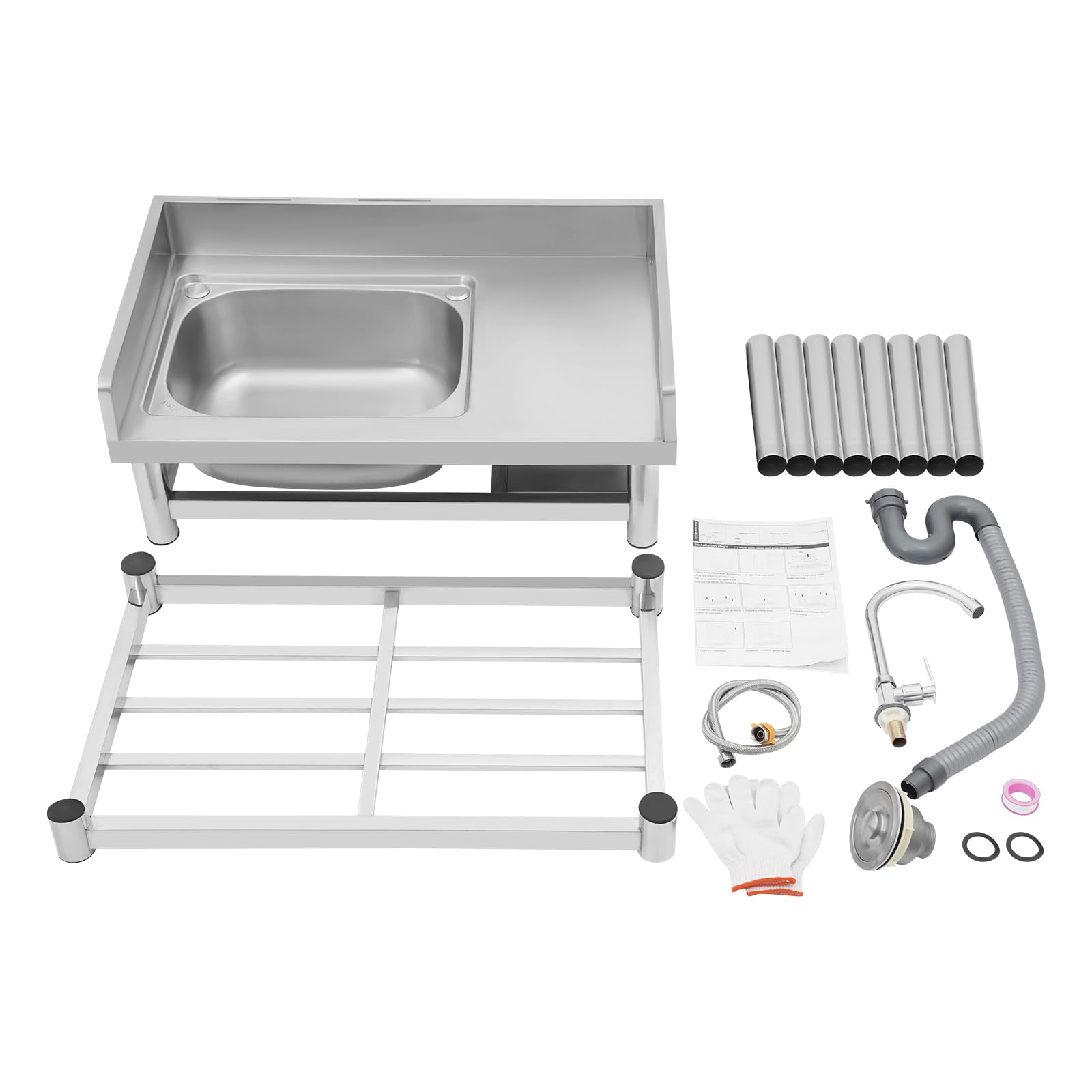 80 x 50 cm Évier Inox Autoportant 1 Bac Évier De Jardin Extérieur Lavabo Multifonctionnel Commercial Utilitaire,Évier de cuisine en acier inoxydable avec robinet rotatif à 360°,80cm de haut