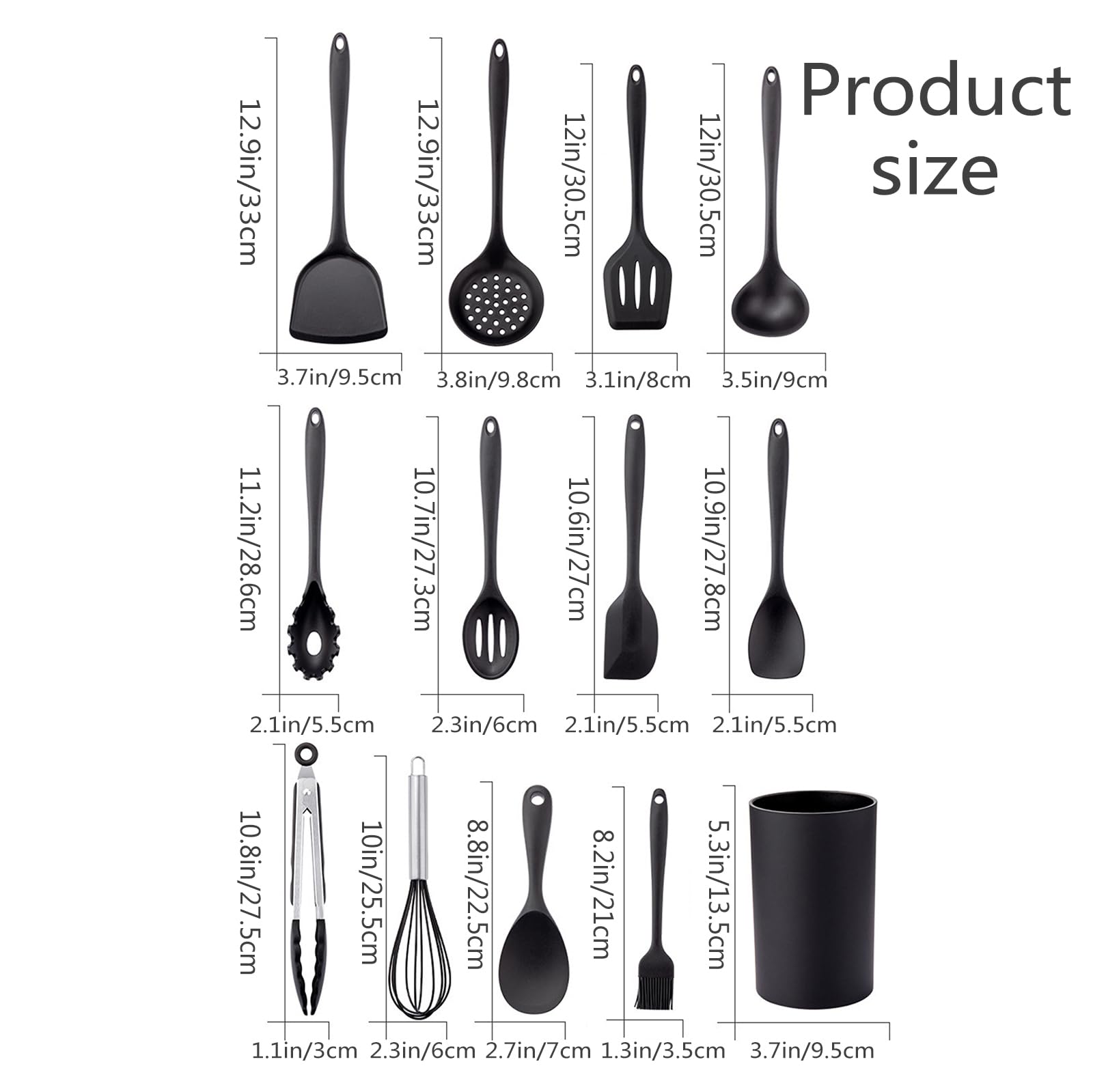 Juego de espátulas de cocina de silicona resistentes al calor con asas de silicona antiadherentes, 12 piezas, sin BPA, color negro
