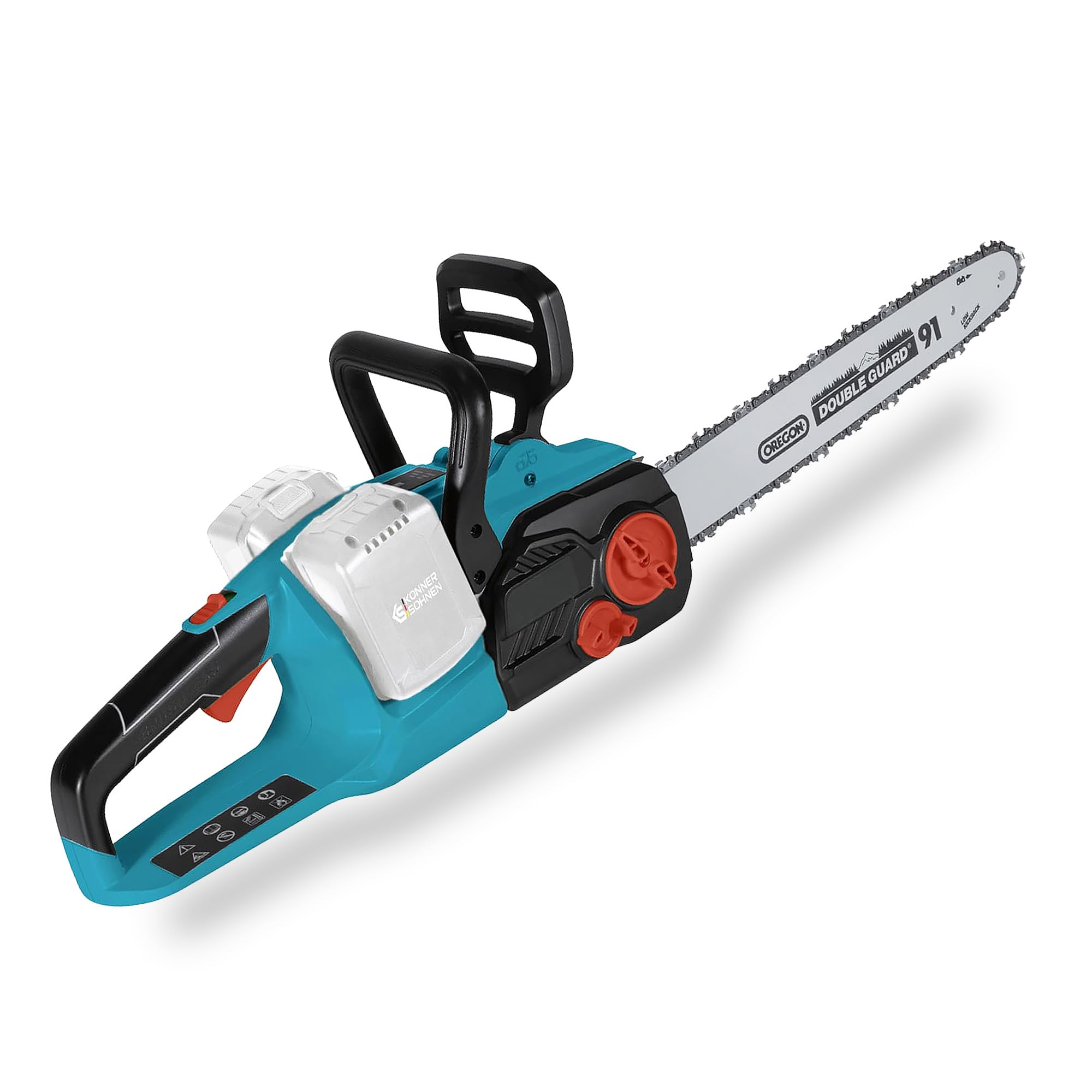 Motosierra de batería KS CS40V-14, voltaje nominal 40 (20+20) V, velocidad de funcionamiento 8000 rpm, longitud de cadena 14” (35 cm), velocidad de la cadena 15 m/s, tensado de la cadena sin herramien