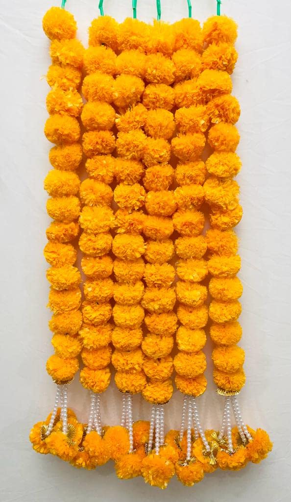 Sphinx Artificial Marigold Fluffy Flowers with Gota and Off-White Pearls/Beads Garlands/Strings for Festive Pooja Wedding Housewarming Decorations Approx 86cm/33.8in/2.82ft (Light Orange, 6 Pieces)