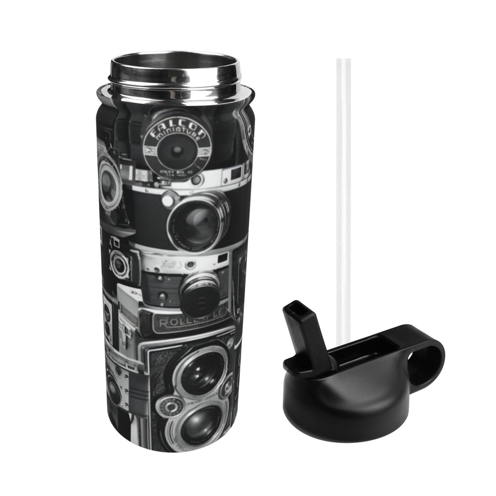 Retro Cool Camera Collection Bedruckte Sport-Trinkflasche, isoliert, Reisebecher, Sport, Fitness, 530 ml