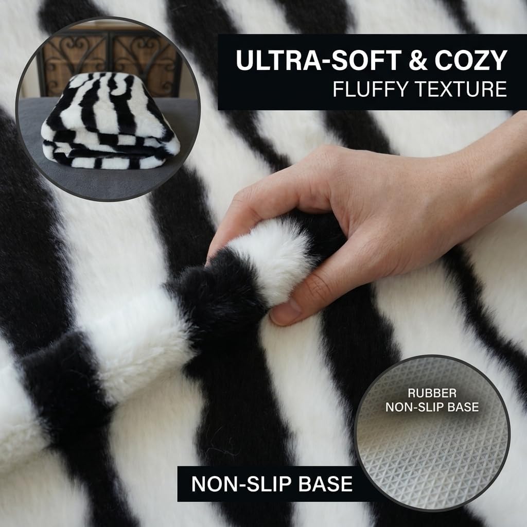 MustMat Faux Zebra Area Rug,Soft Black and White Zebra Print Rugs,Industrial Style Decor,4'7'' × 5'3''