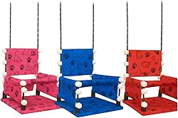 Balanço Infantil Suspenso com Encosto, Estampado com Patas e Ursinhos, Disponível em Rosa, Azul e Vermelho