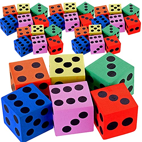 Kicko Big Foam Dice - 36-Piece Set of 1.5 Inch Square Big Dice - Assorted Color Foam Cubes with 1-6 Black Numbering Dots - Engaging Educational and Entertaining Dice Toy for Kids
