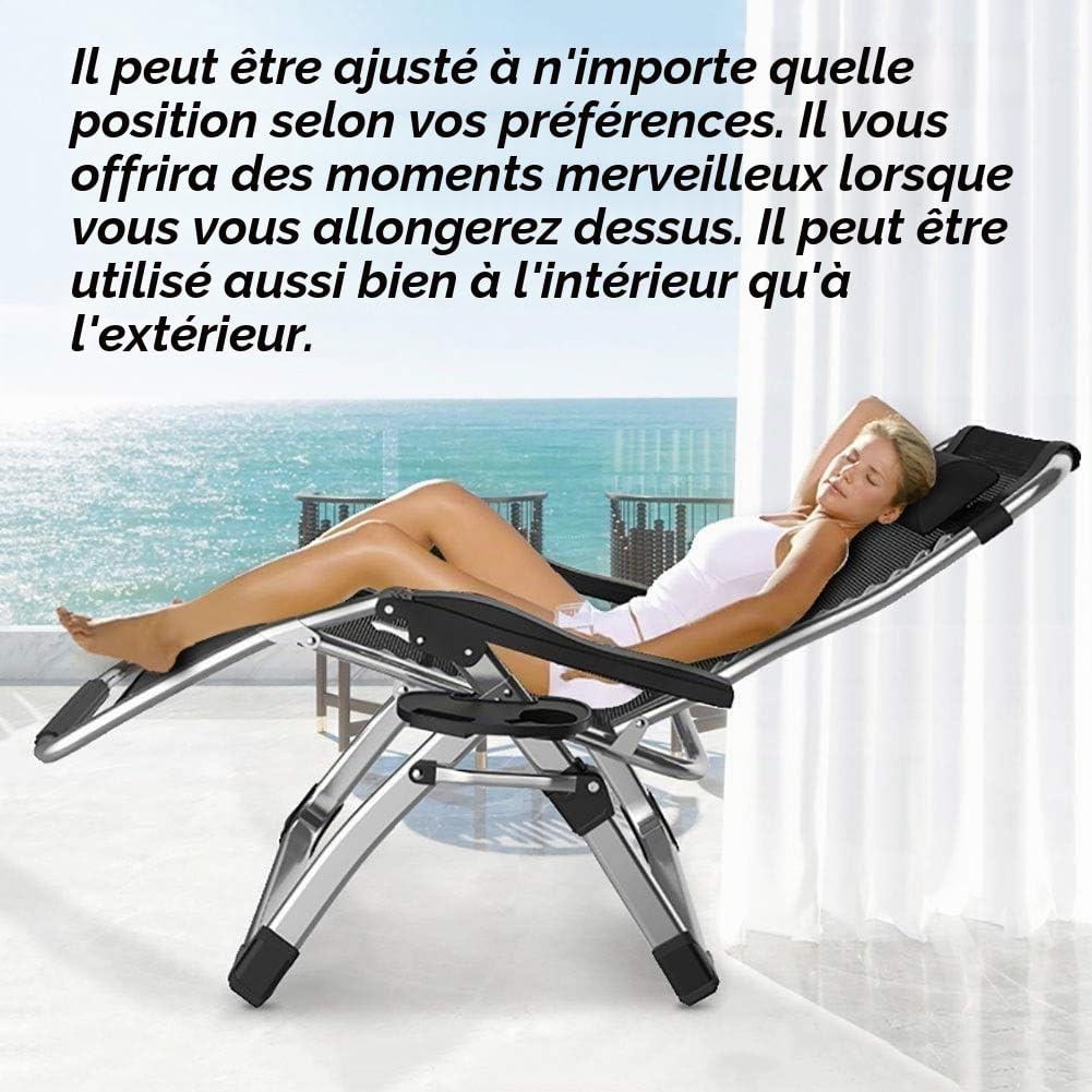 Chaise de gravité zéro inclinable extérieure avec Porte-gobelet, Chaise de transat réglable Extra-Large pour la Piscine de Jardin avec terrasse, avec Support de Coussins 200kg (Black1)