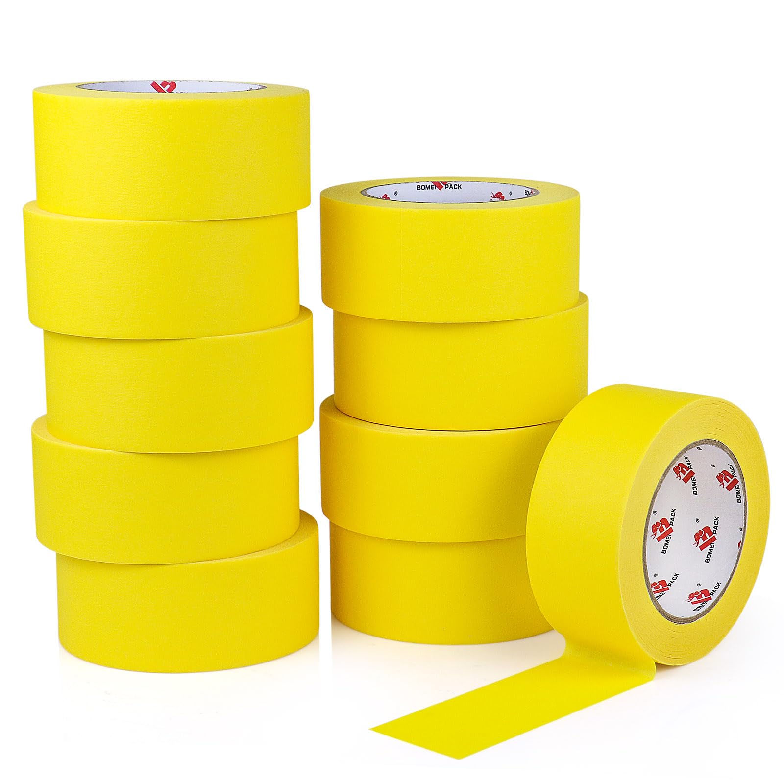 BOMEI PACK 10 rotoli di nastro adesivo per pittori da 5,1 cm, 5 cm x 50 m, per pittura murale per uso generico, miglioramento della casa (giallo)