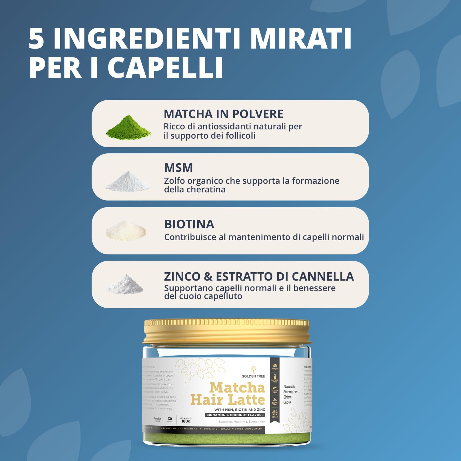 Golden Tree Matcha Hair Latte – Matcha Polvere, 180 g, 30 Porzioni | Latte di Cocco in Polvere, MSM, Zinco e Biotina, Tè Verde in Polvere, 2% di Caffeina