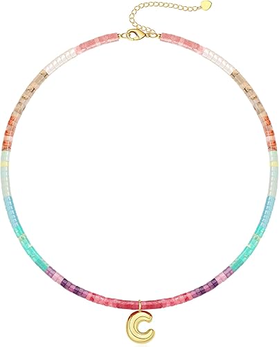 Beaded Initial Necklaces for Women Teen Girl Gifts Trendy Stuff Colorful Gemstone Choker Necklace with Bubble A-Z Stocking Stuffers for Teens Christmas Gifts for Her Birthday Summer Beach Jewelry for Daughter Sister Friend