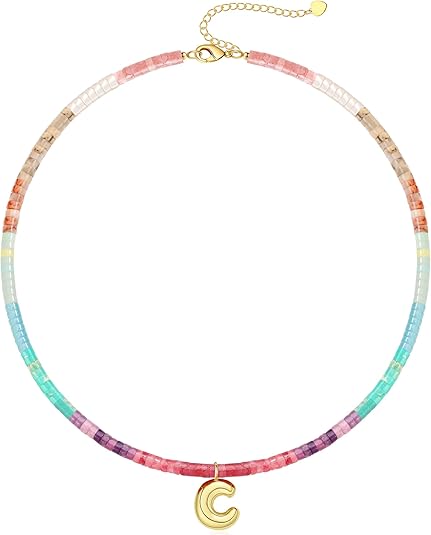 Beaded Initial Necklaces for Women Teen Girl Gifts Trendy Stuff Colorful Gemstone Choker Necklace with Bubble A-Z Stocking Stuffers for Teens Christmas Gifts for Her Birthday Summer Beach Jewelry for Daughter Sister Friend