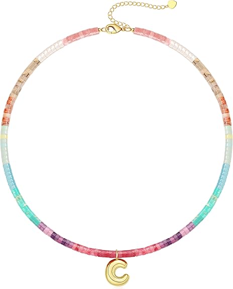 Beaded Initial Necklaces for Women Teen Girl Gifts Trendy Stuff Colorful Gemstone Choker Necklace with Bubble A-Z Stocking Stuffers for Teens Christmas Gifts for Her Birthday Summer Beach Jewelry for Daughter Sister Friend