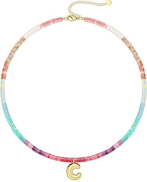 Beaded Initial Necklaces for Women Teen Girl Gifts Trendy Stuff Colorful Gemstone Choker Necklace with Bubble A-Z Stocking Stuffers for Teens Christmas Gifts for Her Birthday Summer Beach Jewelry for Daughter Sister Friend