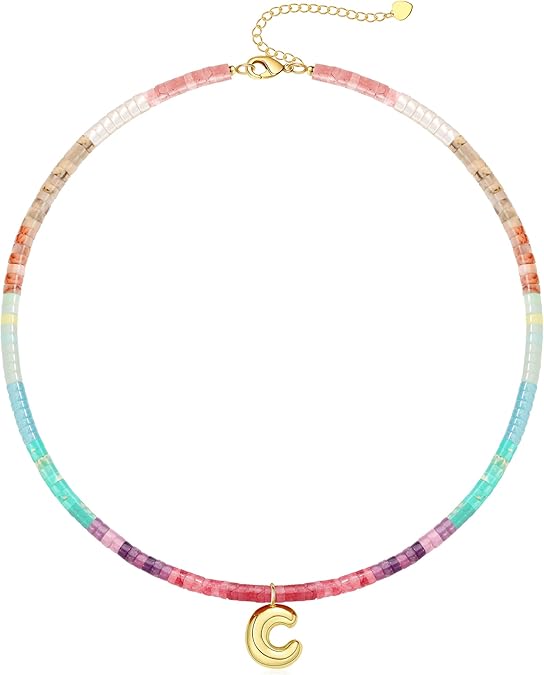 Beaded Initial Necklaces for Women Teen Girl Gifts Trendy Stuff Colorful Gemstone Choker Necklace with Bubble A-Z Stocking Stuffers for Teens Christmas Gifts for Her Birthday Summer Beach Jewelry for Daughter Sister Friend