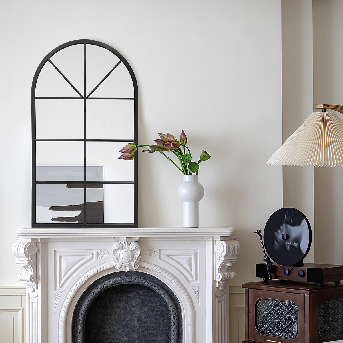 Dewfig Espejo arqueado montado en la pared, 42 x 24 pulgadas, espejo de arco negro para tocador de baño, sala de estar o dormitorio, entrada, espejo
