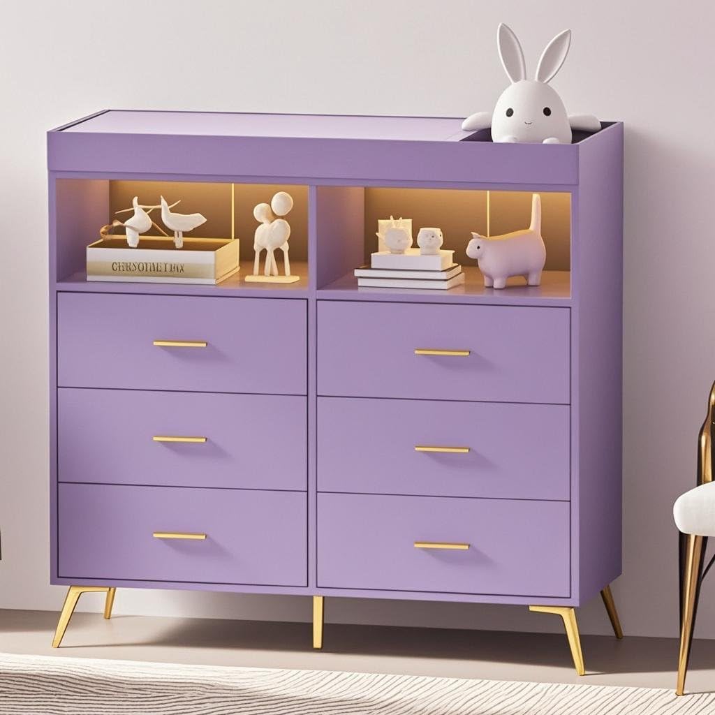 Jojoka Nursery Changing Table Dresser with LED Lighting and Charging Function, 6 Drawer Storage Dresser with 2 Open Compartments, Convertible Baby Diaper Station for Nursery and Bedroom Use